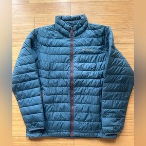 Columbia Men's Teal Blue Quilted Puffer Jacket with Maroon Zip